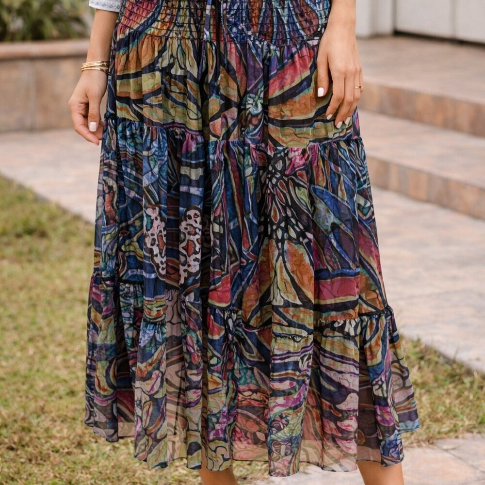 Lapis Boho Artsy Abstract Print Tiered Maxi Skirt Multicolor Flowy Festival Sz M